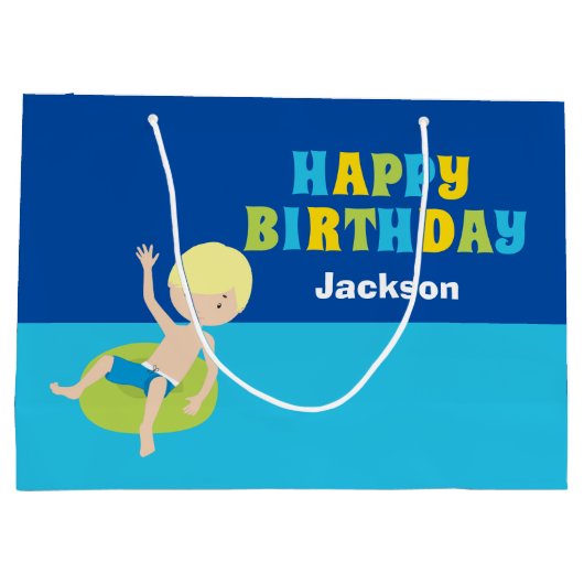 カスタムボーイズサマープールパーティー子供の誕生日 ラージペーパーバッグ (裏面)