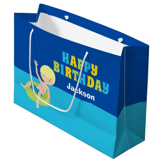 カスタムボーイズサマープールパーティー子供の誕生日 ラージペーパーバッグ (正面アングル)