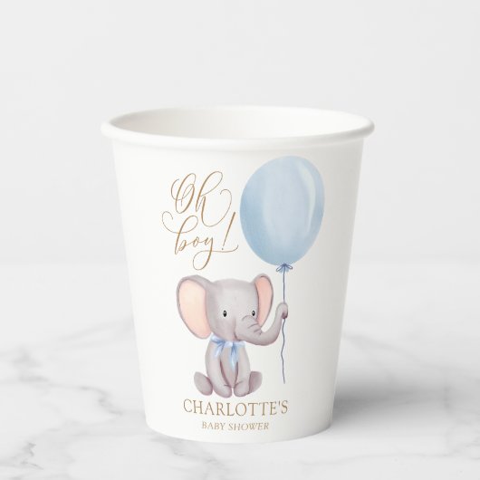カスタムボーイブルーバルーンかわいい象の赤ちゃんシャワー 紙コップ (正面)