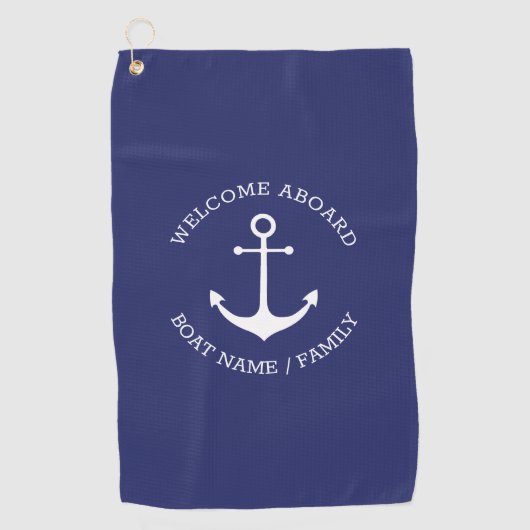 カスタムボート名ウェルカムアボード航海のいかり ゴルフタオル (正面)