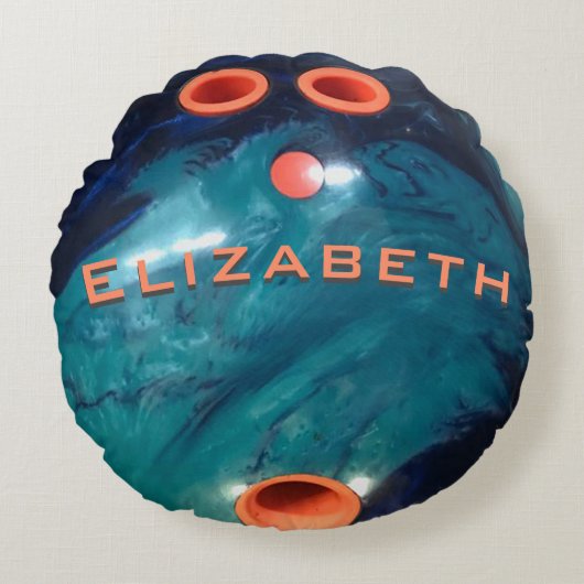 カスタムボ   ウリングボール青大理石とオレンジ ラウンドクッション (正面)