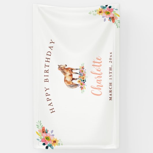 カスタムポニー誕生日かわいい馬フローラバナー 横断幕 (縦)