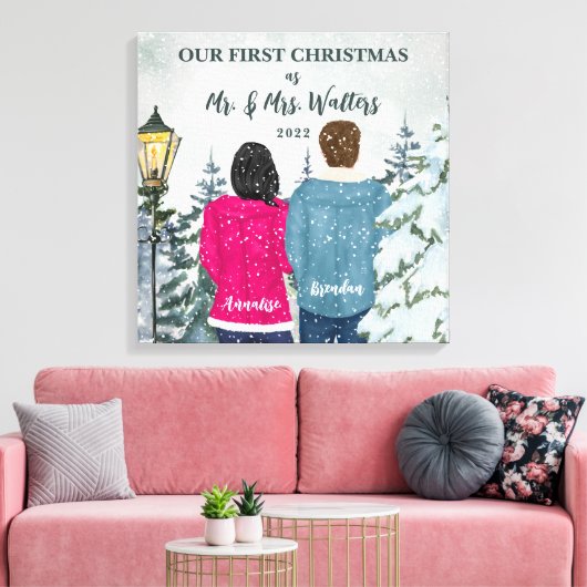 カスタムポートレート私たちの最初のクリ結婚したスマス キャンバスプリント (インサイチュ (リビング))
