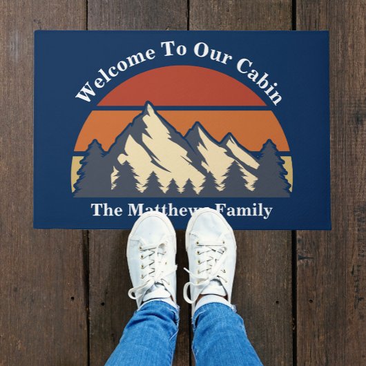 カスタムマウンテンサンセットブルーログキャビンへようこそ ドアマット