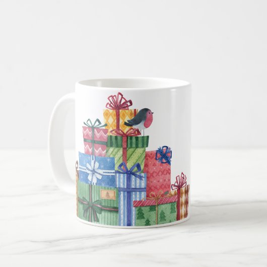 カスタムマグカップハッピーバースデー水色の贈り物&鳥 コーヒーマグカップ (正面左)