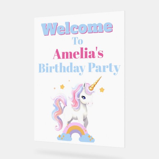 カスタムマジカルレインボーユニコーン誕生日ウェルカム アクリルサイン (傾斜)