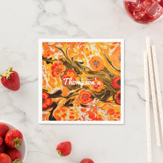 カスタムミッドモダンセンチュリーオレンジ色の花イエローブラウン スタンダードカクテルナプキン (インサイチュ)