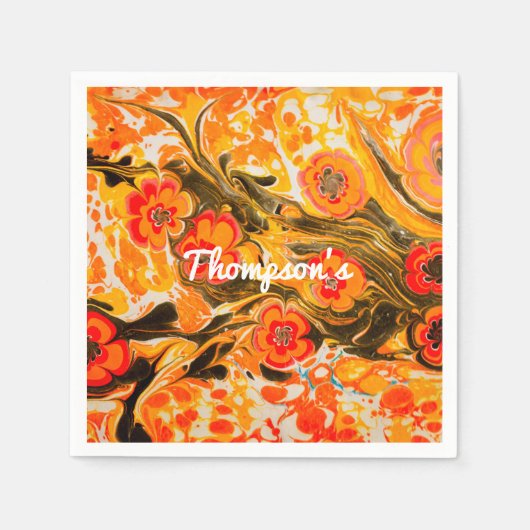 カスタムミッドモダンセンチュリーオレンジ色の花イエローブラウン スタンダードカクテルナプキン (正面)