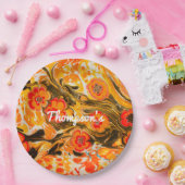 カスタムミッドモダンセンチュリーオレンジ色の花イエローブラウン ペーパープレート (パーティー)