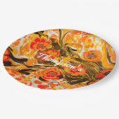 カスタムミッドモダンセンチュリーオレンジ色の花イエローブラウン ペーパープレート (アングル)