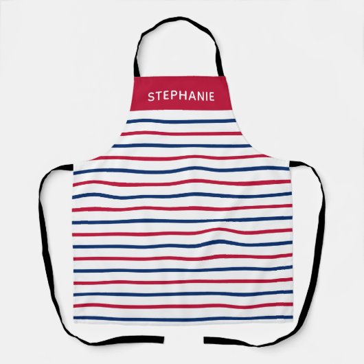 カスタムミニマリスト赤と青ストライプのモダン エプロン (正面)