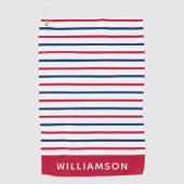 カスタムミニマリスト赤と青ストライプのモダン ゴルフタオル (正面)