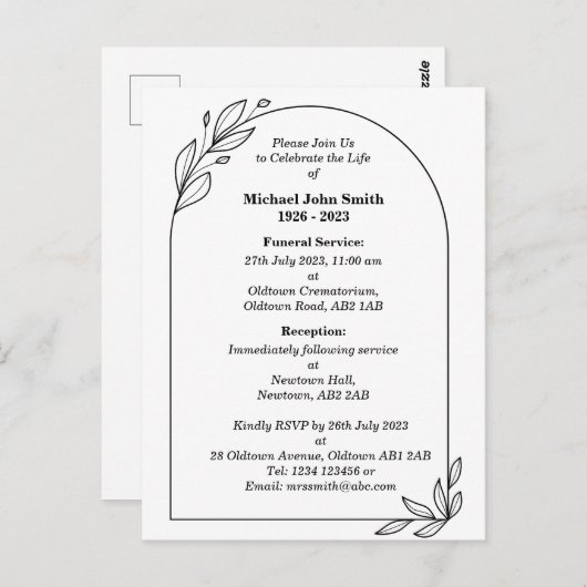 カスタムミニマル葬式招待状カード ポストカード (正面/裏面)