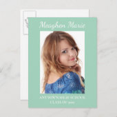 カスタムミントグリーンフォト卒業パーティー招待状 案内ポストカード (正面/裏面)