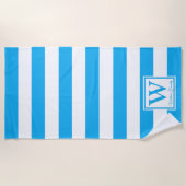 カスタムメイドファミリーモノグラムセルリアンブルーストライプ ビーチタオル (正面)