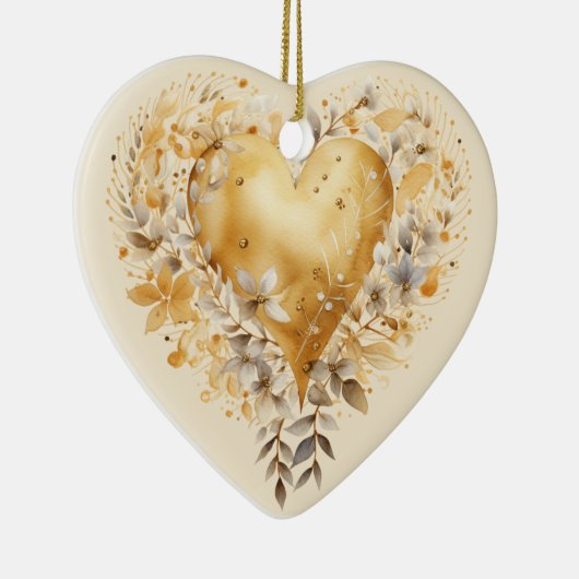 カスタムメッセージゴールデンカラフルフローラハートギフト セラミックオーナメント (右)