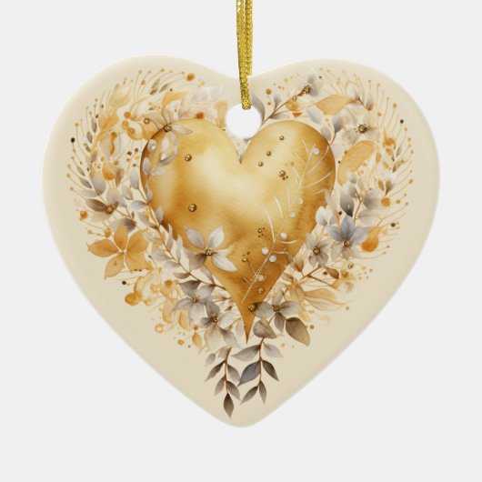 カスタムメッセージゴールデンカラフルフローラハートギフト セラミックオーナメント (正面)
