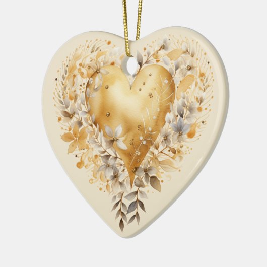 カスタムメッセージゴールデンカラフルフローラハートギフト セラミックオーナメント (左)