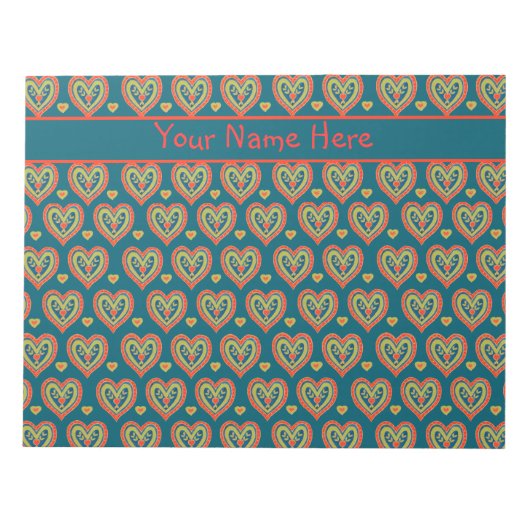 カスタムメモ帳レッド、緑のハートオン暗いティール（緑がかった色） ノートパッド (正面)