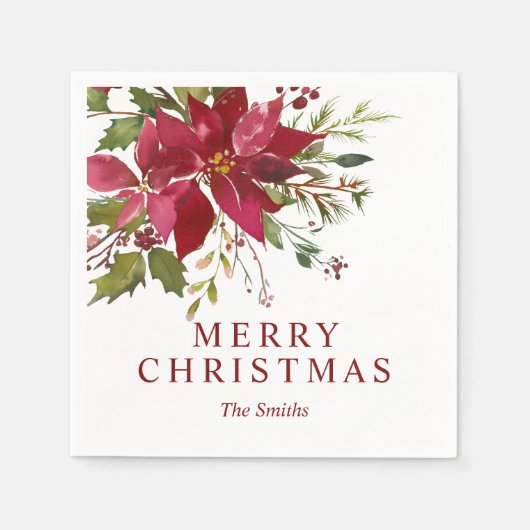 カスタムメリークリスマスの水彩赤ポインセチア スタンダードカクテルナプキン (正面)