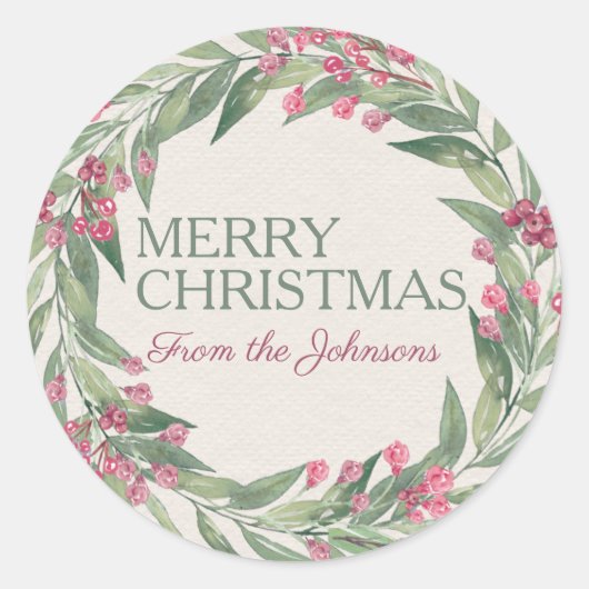 カスタムメリークリスマスウォーターカラーレッドホリーリース ラウンドシール (正面)