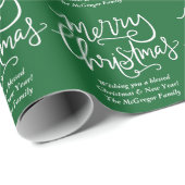 カスタムメリークリスマスグリーン&ホワイトファミリー名 ラッピングペーパー (ロールコーナー)