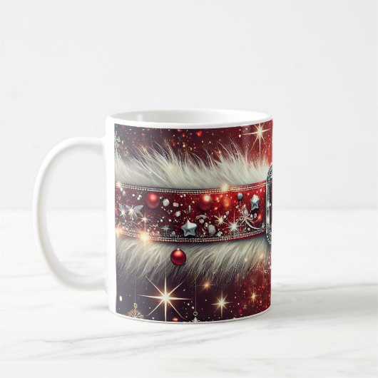 カスタムメリークリスマスサンタズコートベルトホワイトレッド コーヒーマグカップ (左)