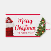 カスタムメリークリスマススクリプト文字パインツリーレッド ギフトタグ (正面(横))