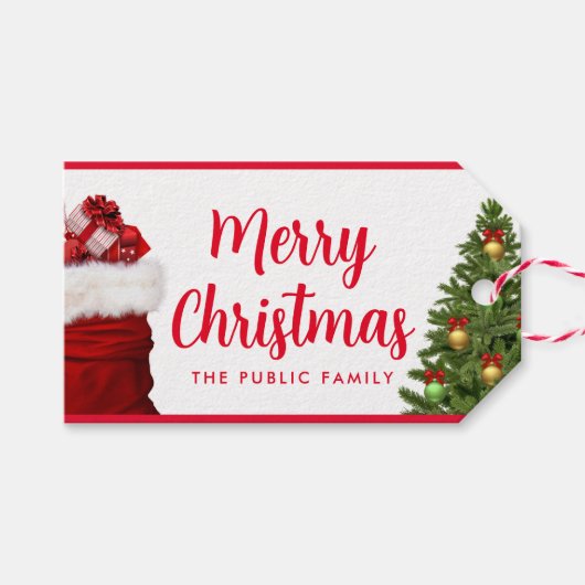 カスタムメリークリスマススクリプト文字パインツリーレッド ギフトタグ (正面(横))