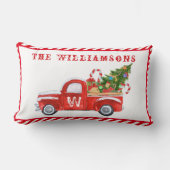 カスタムメリークリスマスツリーレッドヴィンテージトラック ランバークッション (正面)
