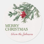 カスタムメリークリスマスネームウォーターカラーツリー ラウンドシール (正面)