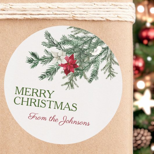 カスタムメリークリスマスネームウォーターカラーツリー ラウンドシール