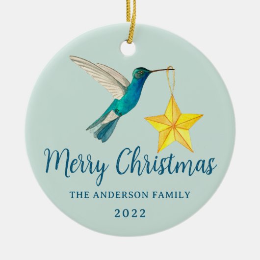 カスタムメリークリスマスハミングバードとスター セラミックオーナメント (正面)