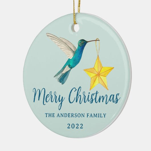 カスタムメリークリスマスハミングバードとスター セラミックオーナメント (左)