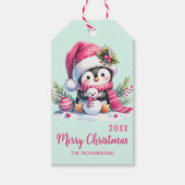 カスタムメリークリスマスピンクミントグリーンおもしろいペンギン ギフトタグ (正面)