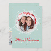 カスタムメリークリスマスファミリーフォトホワイトレッドブルー シーズンカード (正面/裏面)