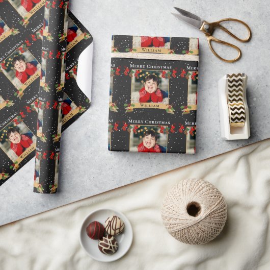カスタムメリークリスマスフォトブラック ラッピングペーパー (クラフト)