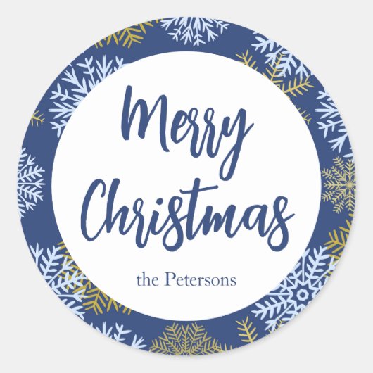 カスタムメリークリスマスブルー冬の雪片 ラウンドシール (正面)
