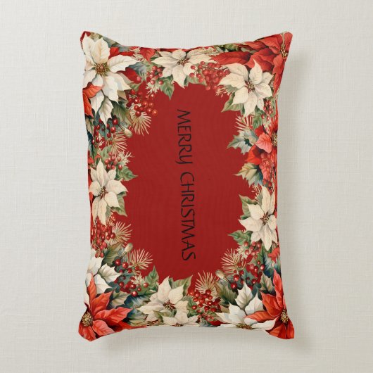 カスタムメリークリスマスポインセティアスリース アクセントクッション (正面(垂直))