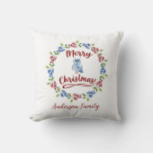 カスタムメリークリスマスリースフクロウブルーレッドベリー クッション (正面)