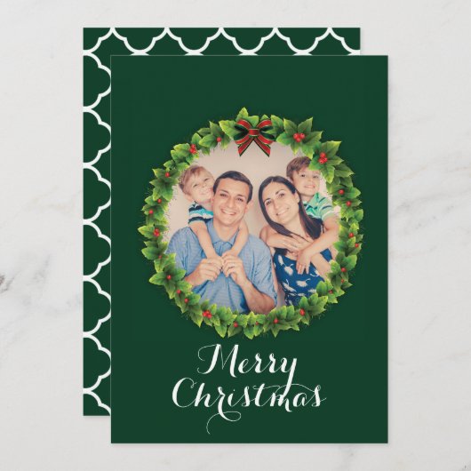 カスタムメリークリスマスリース家族写真 シーズンカード (正面/裏面)