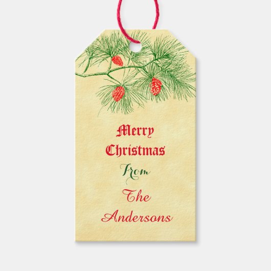 カスタムメリークリスマスヴィンテージグリーンパインギフトラベル ギフトタグ (正面)