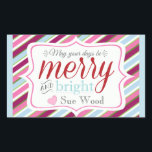 カスタムメリーBright Christmas Giftスタンプ 長方形シール<br><div class="desc">これらのおもしろいギフトラベルとクリスマスカスタム応援を広げる。新しい休日のツイストストライプのための美味しいパステルをフィーチャー。キッチンから抱き枕、パッケージ、お菓子焼いたに追加するのに最適！単にはカスタマイズカスタマイズクリックYOURの名前を入力するマット仕上げではここで特集が光沢で利用可能。</div>