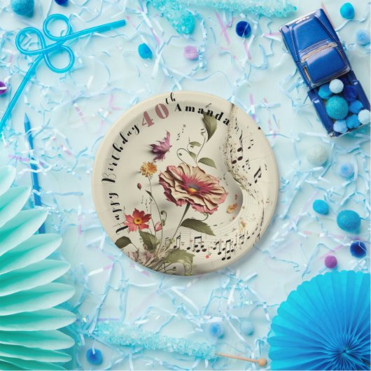カスタムメロディフラワーハッピー40歳の誕生日 ペーパープレート (パーティー)