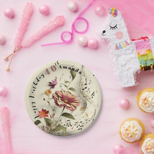 カスタムメロディフラワーハッピー40歳の誕生日 ペーパープレート (パーティー)