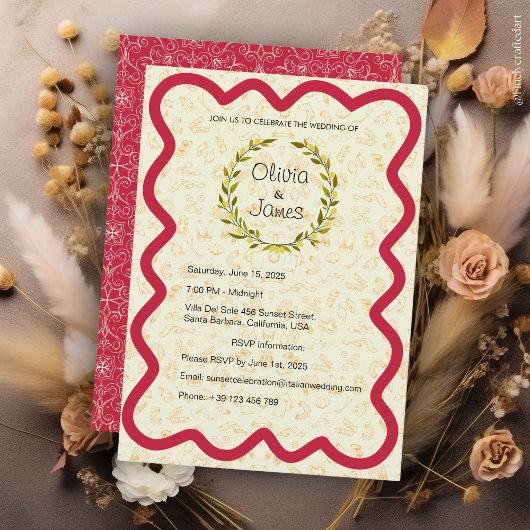 カスタムモダンエレガントレッド&クリーミー結婚ズ 招待状