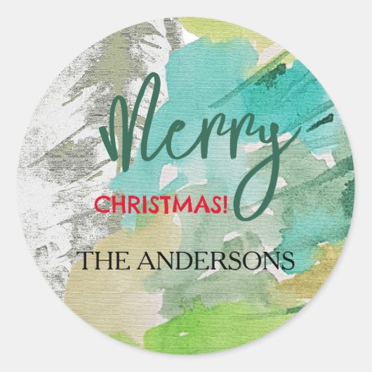 カスタムモダンクリスマスの木の水の色アート ラウンドシール (正面)