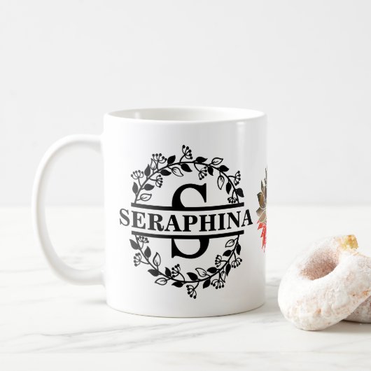 カスタムモダンフローラSモノグラム コーヒーマグカップ (ドーナツ)