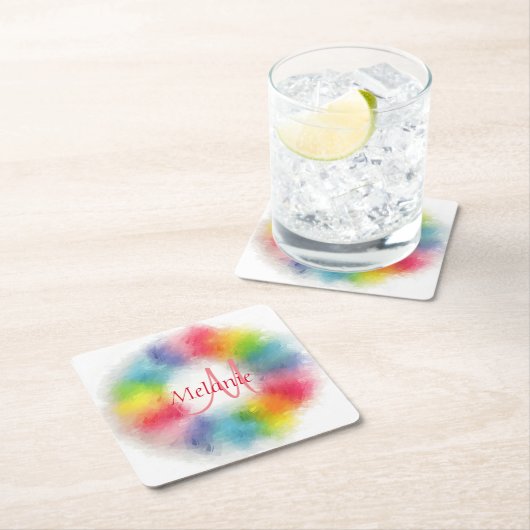 カスタムモダンレインボー抽象芸術モノグラムのアート スクエアペーパーコースター (インサイチュ)