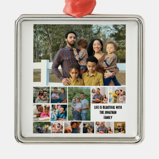カスタムモダン家族14写真コラージュテンプレート メタルオーナメント (正面)